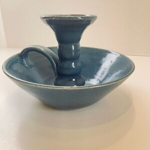 Elegant Blue Pottery Candle Holder 7” wide, 5” tall